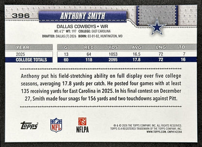 Anthony Smith 2026 Topps Flagship Rookie Cowboys Sports Trading Cards