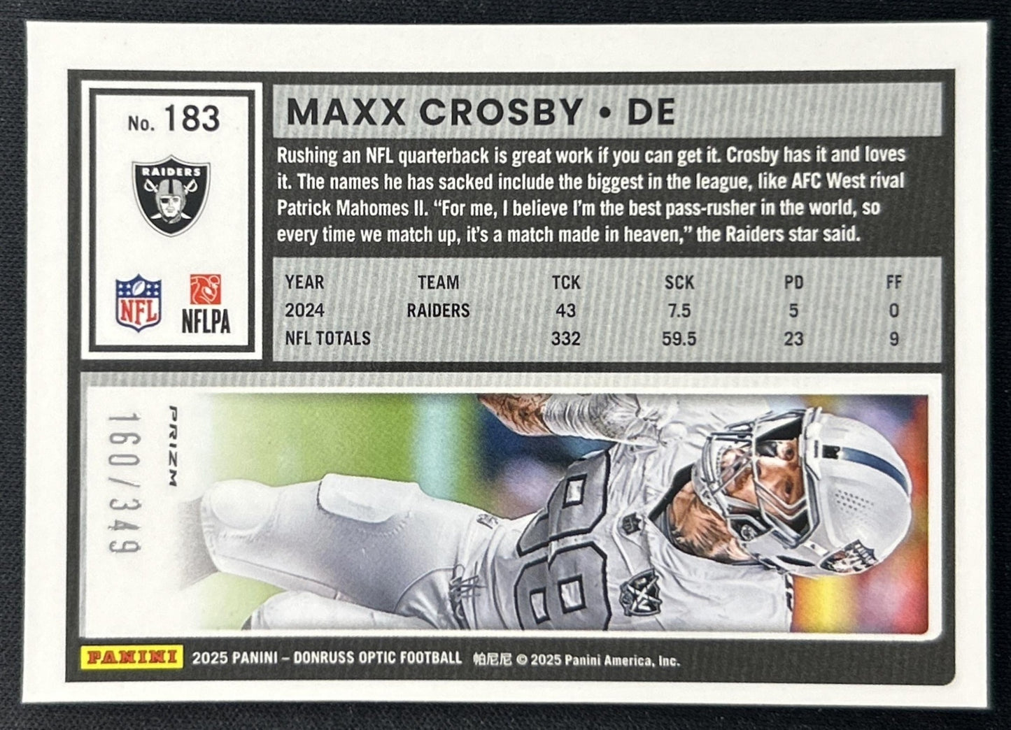 Maxx Crosby 2025 Panini Donruss Optic Aqua Prizm /349 Raiders Back