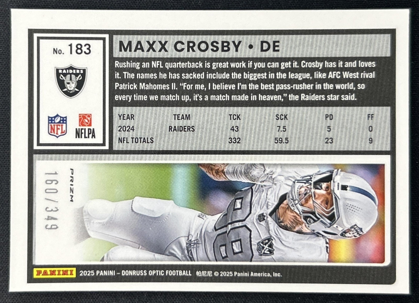 Maxx Crosby 2025 Panini Donruss Optic Aqua Prizm /349 Raiders Back