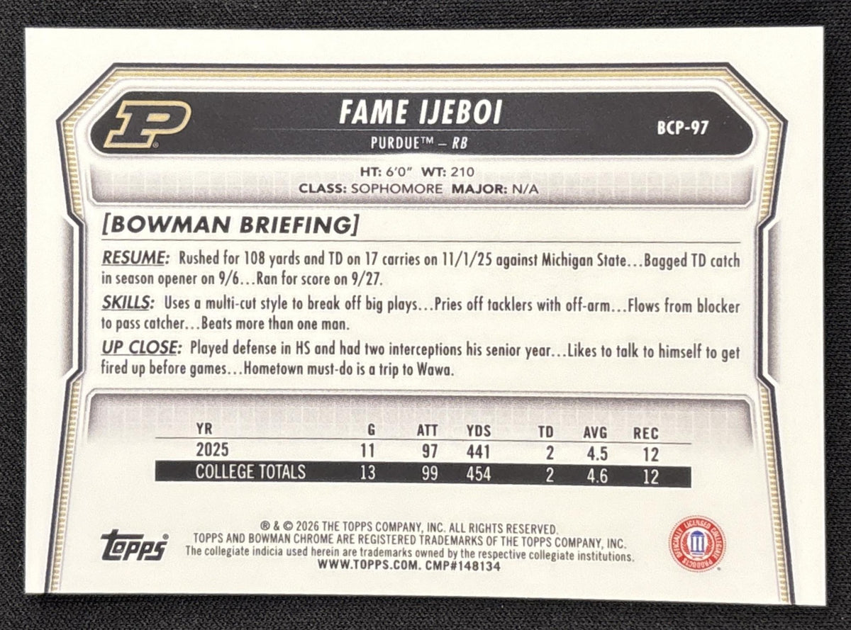 Fame Ijeboi 2026 Bowman Chrome Prospects Gold Shimmer Refractor /50 Boilermakers Sports Trading Card