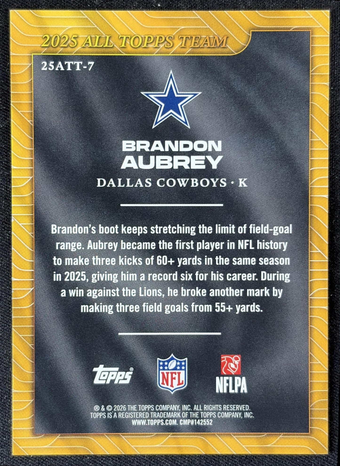 Brandon Aubrey 2026 Topps 2025 All-Topps Team Cowboys back