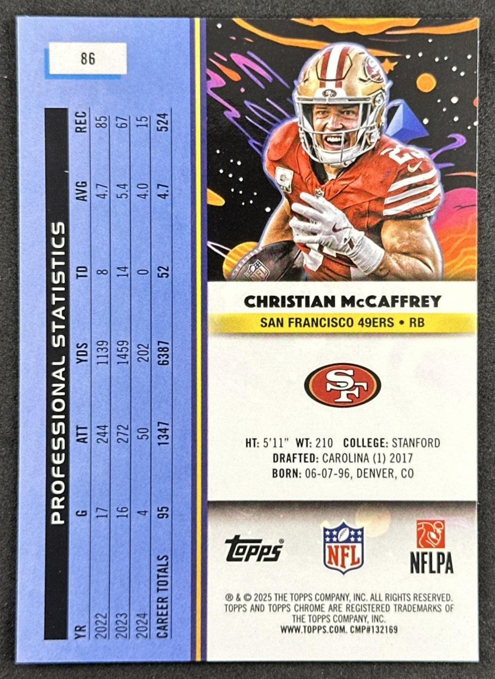 Christian McCaffrey 2025 Topps Cosmic Chrome 49ers back