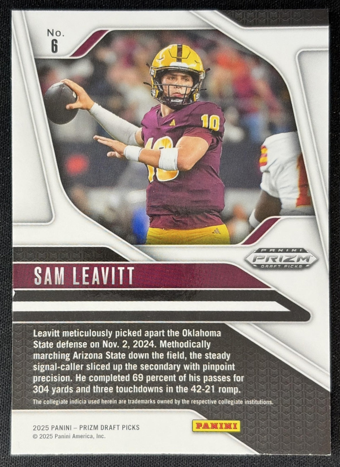 Sam Leavitt 2025 Panini Prizm Draft Picks Sun Devils back