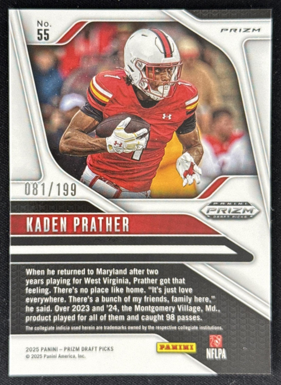 Kaden Prather 2025 Panini Prizm Draft Picks Purple Ice /199 Terrapins Sports Trading Card
