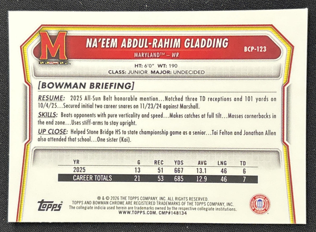 Na'eem Abdul-Rahim Gladding 2026 Bowman Chrome Prospects Speckle Refractor Terrapins Sports Trading Card
