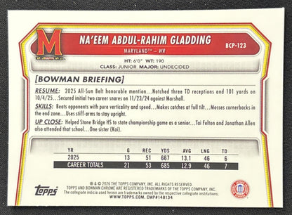 Na'eem Abdul-Rahim Gladding 2026 Bowman Chrome Prospects Speckle Refractor Terrapins Sports Trading Card