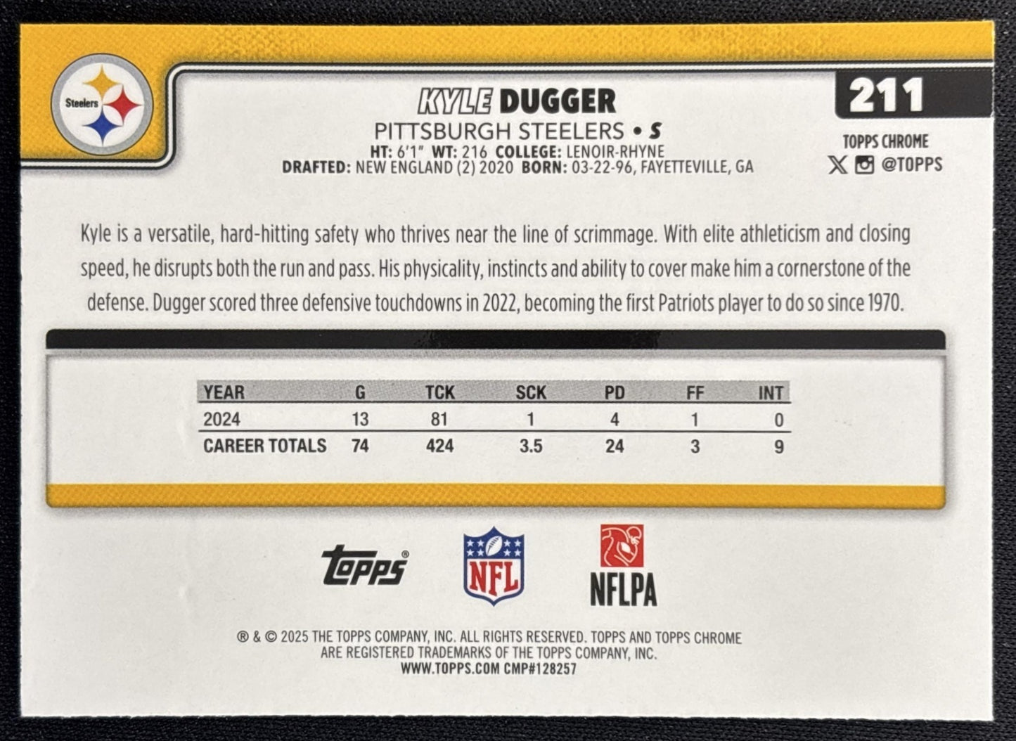 Kyle Dugger 2025 Topps Chrome Blue Refractor /150 Steelers Sports Trading Cards
