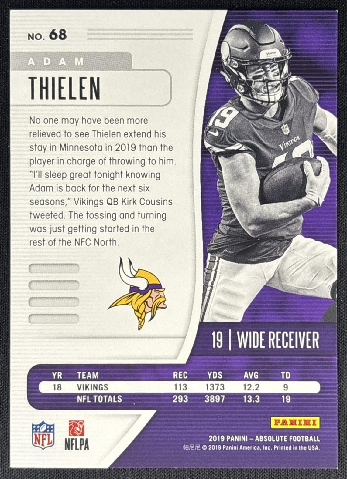 Adam Thielen 2019 Panini Absolute Spectrum Blue /50 Vikings back