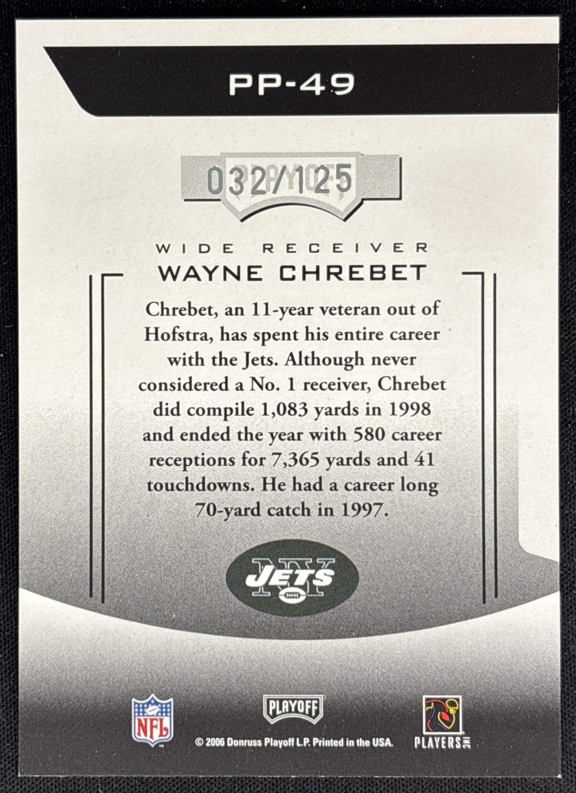 Wayne Chrebet 2006 Playoff Prestige Prestigious Pros Black /125 Jets back