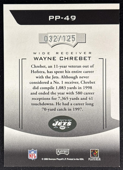 Wayne Chrebet 2006 Playoff Prestige Prestigious Pros Black /125 Jets back