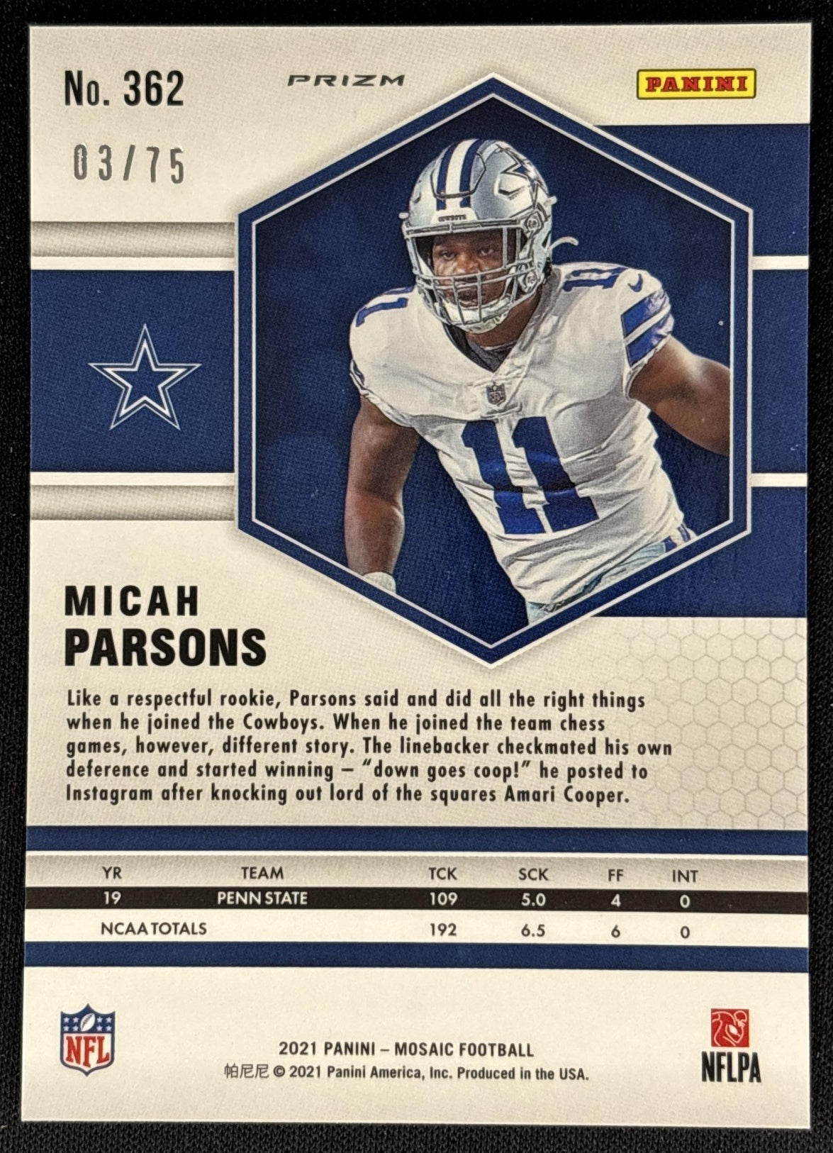 Micah Parsons 2021 Panini Mosaic No Huddle Prizm Blue /75 Cowboys