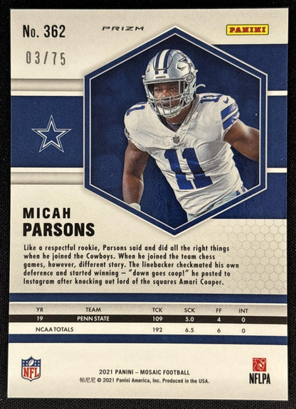 Micah Parsons 2021 Panini Mosaic No Huddle Prizm Blue /75 Cowboys