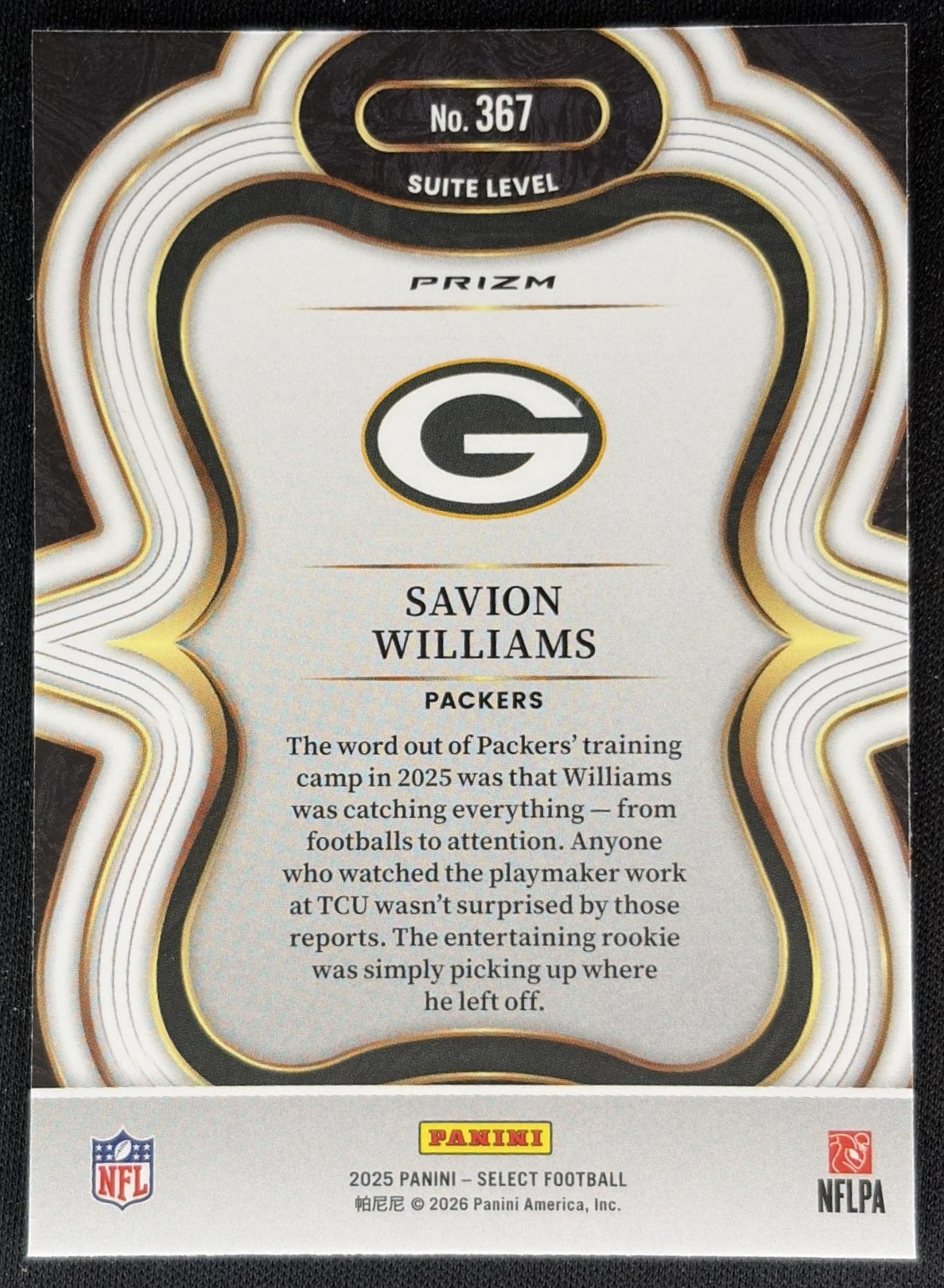 Savion Williams 2025 Panini Select Suite Level Silver Prizm Packers Sports Trading Cards