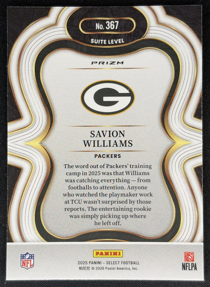 Savion Williams 2025 Panini Select Suite Level Silver Prizm Packers Sports Trading Cards