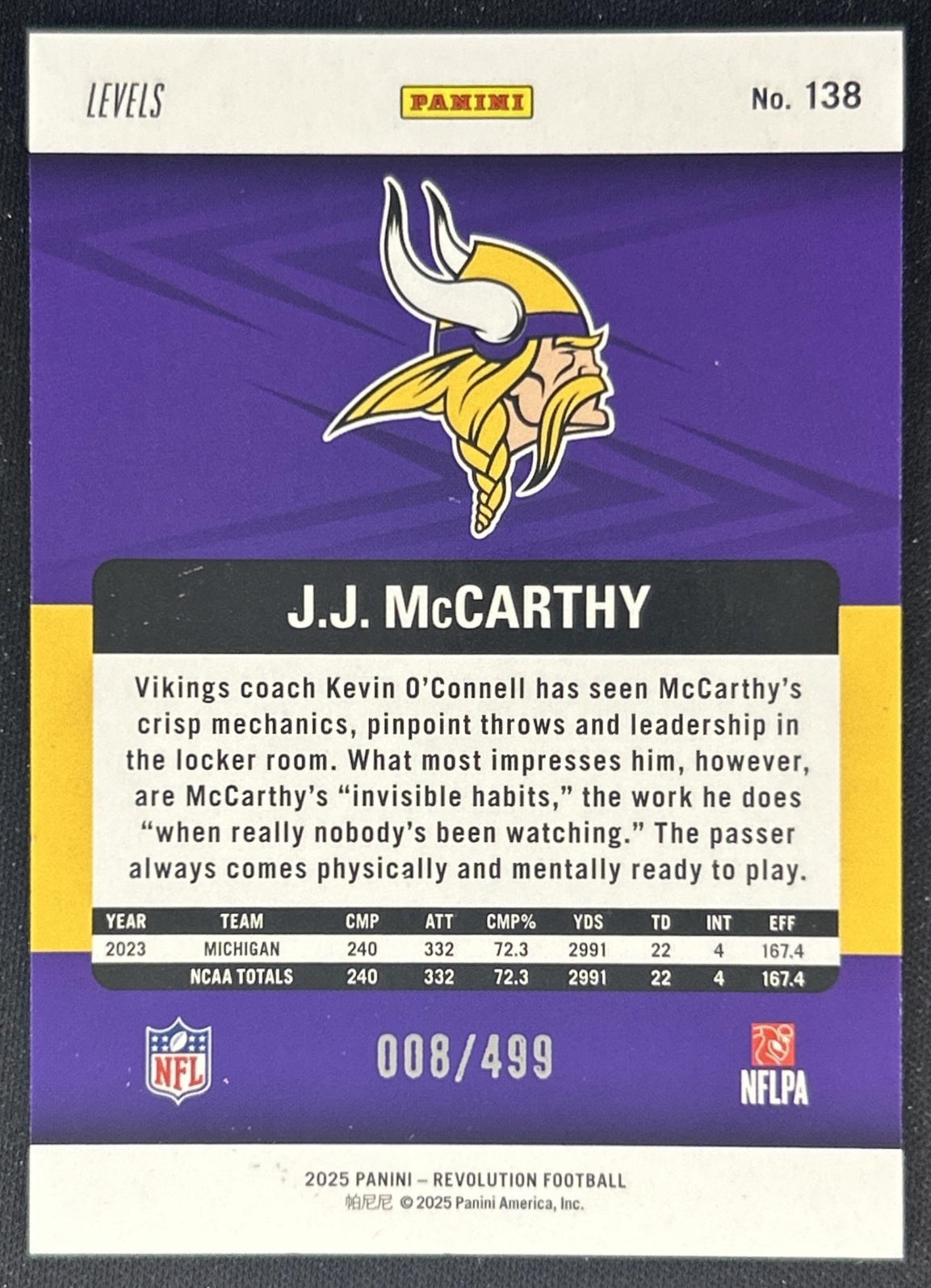 J.J. McCarthy 2025 Panini Revolution Teal Levels /499 Vikings back