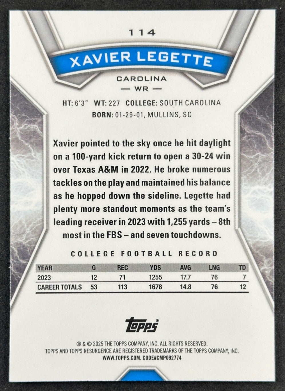 Xavier Legette 2024 Topps Resurgence Panthers Sports Trading Card