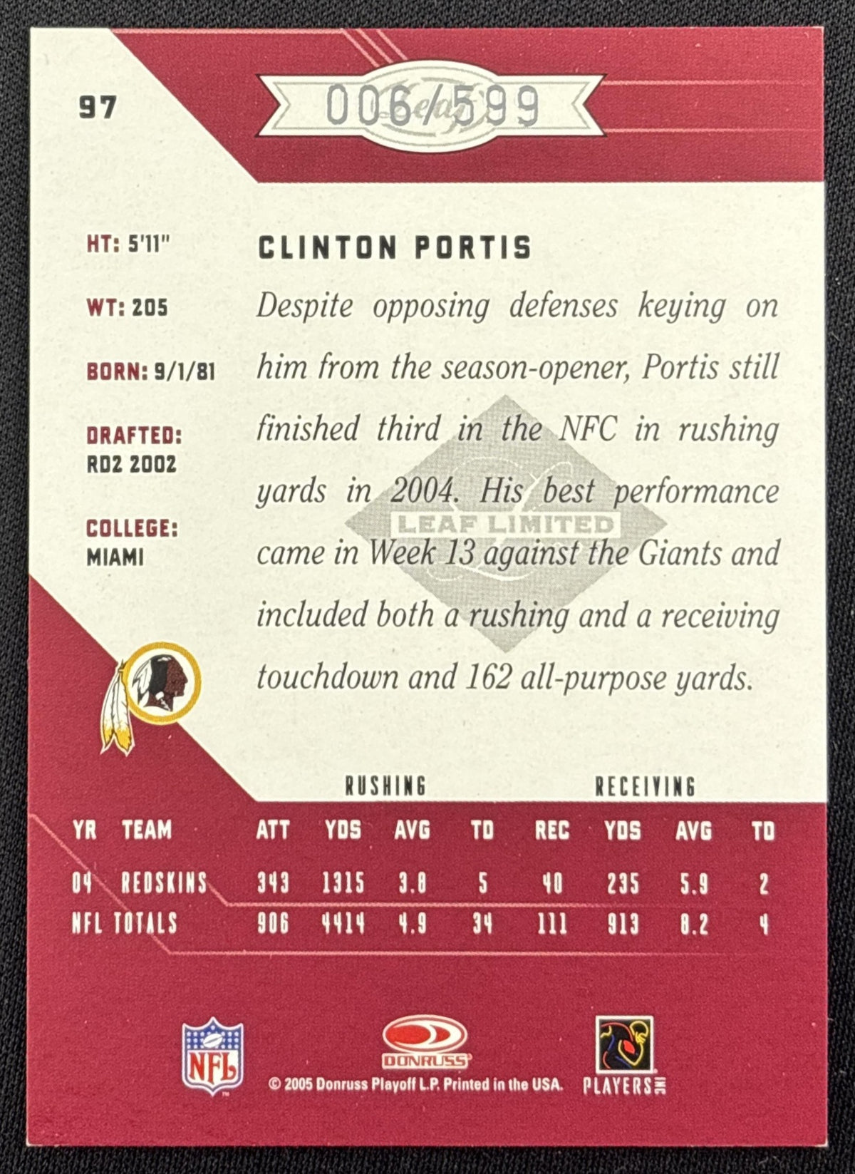 Clinton Portis 2005 Leaf Limited /599 Redskins