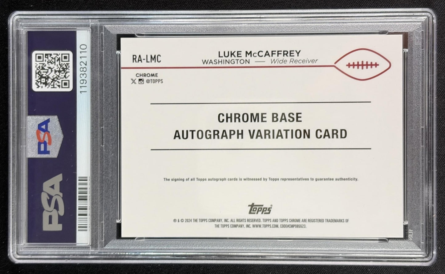 Luke McCaffrey 2024 Chrome Rookie Auto Aqua Sonar Refractor /199 Commanders Sports Trading Card