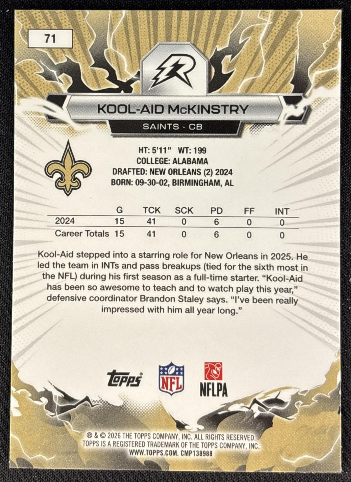 Kool-Aid McKinstry 2025 Topps Resurgence Saints New Orleans Saints back