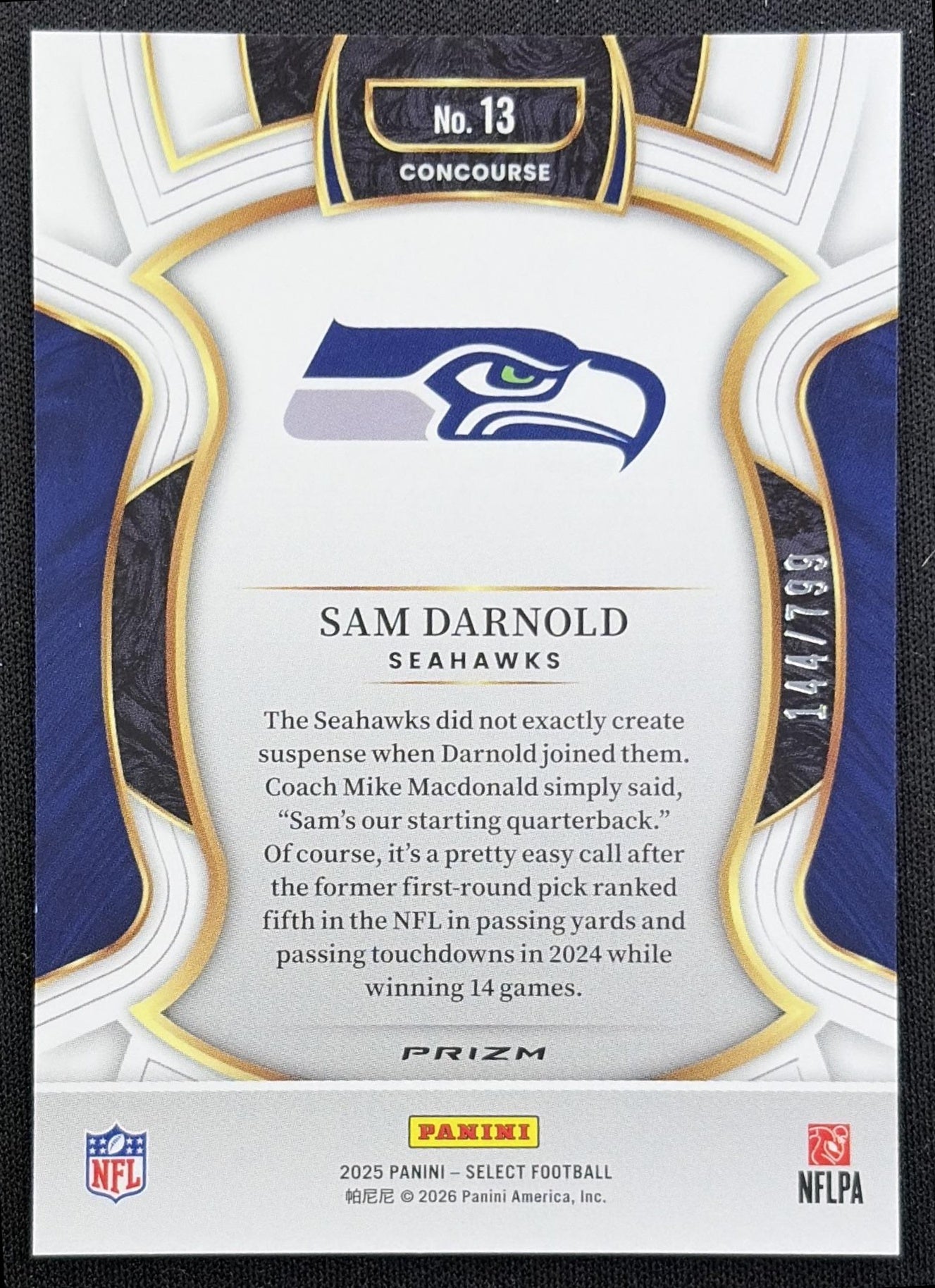 Sam Darnold 2025 Panini Select Concourse White Prizm Shock /799 Seahawks - back