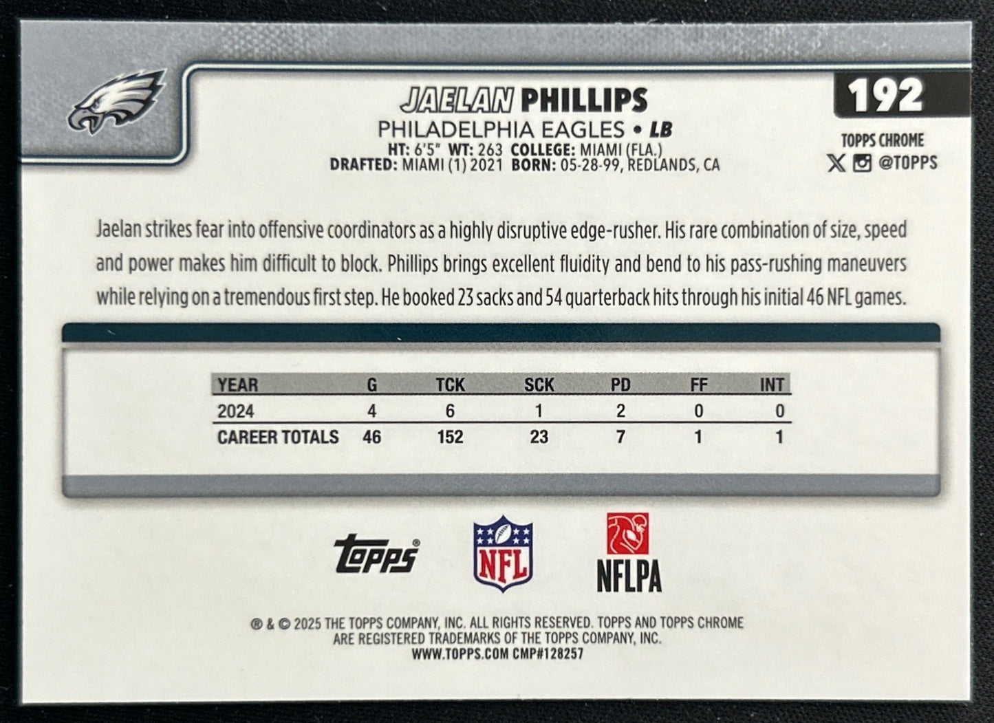 Jaelan Phillips 2025 Topps Chrome Eagles Sports Trading Cards