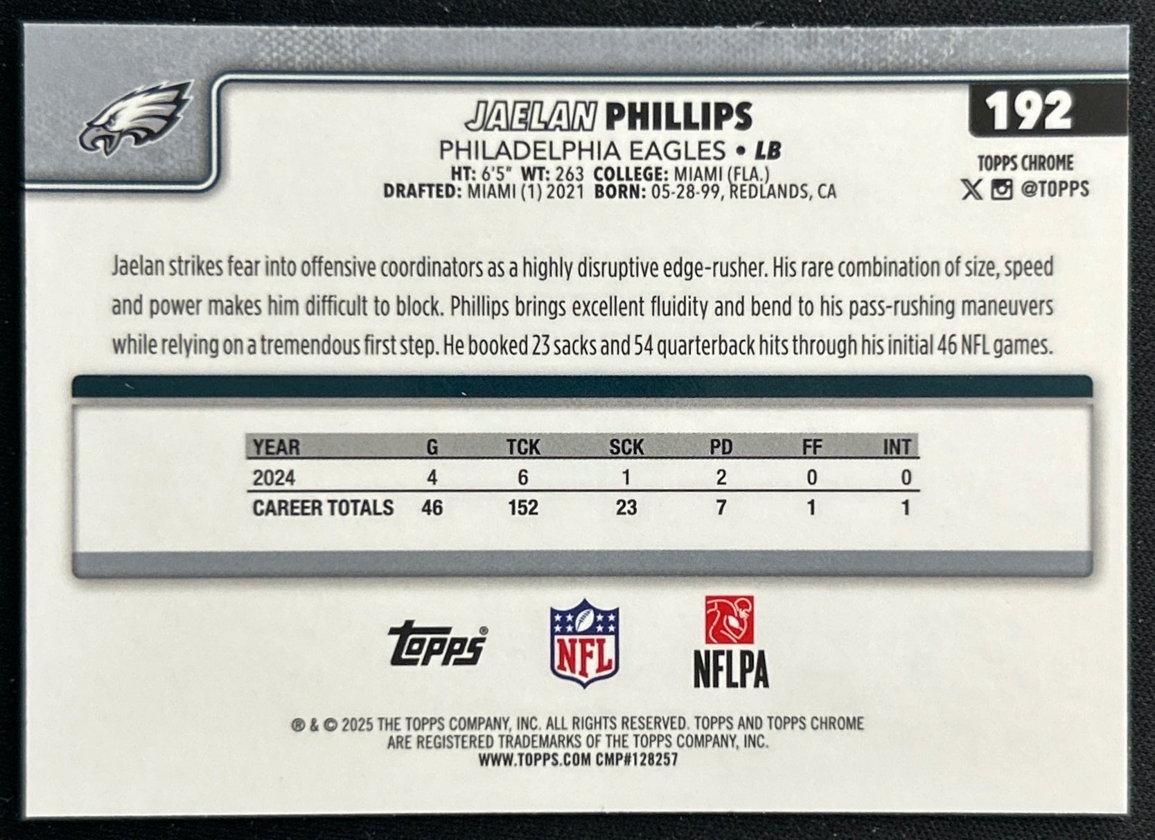 Jaelan Phillips 2025 Topps Chrome Eagles Sports Trading Cards