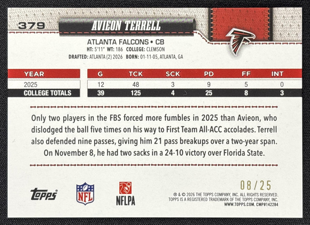 Avieon Terrell 2026 Topps Orange Foil /25 Falcons