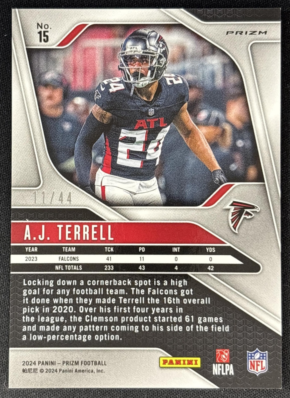 A.J. Terrell 2024 Panini Prizm Red and Yellow /44 Falcons back