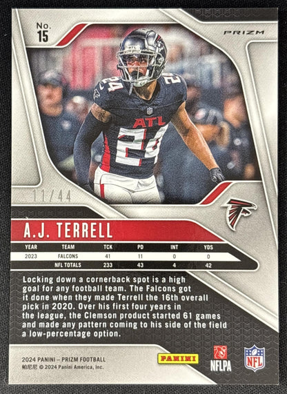 A.J. Terrell 2024 Panini Prizm Red and Yellow /44 Falcons back