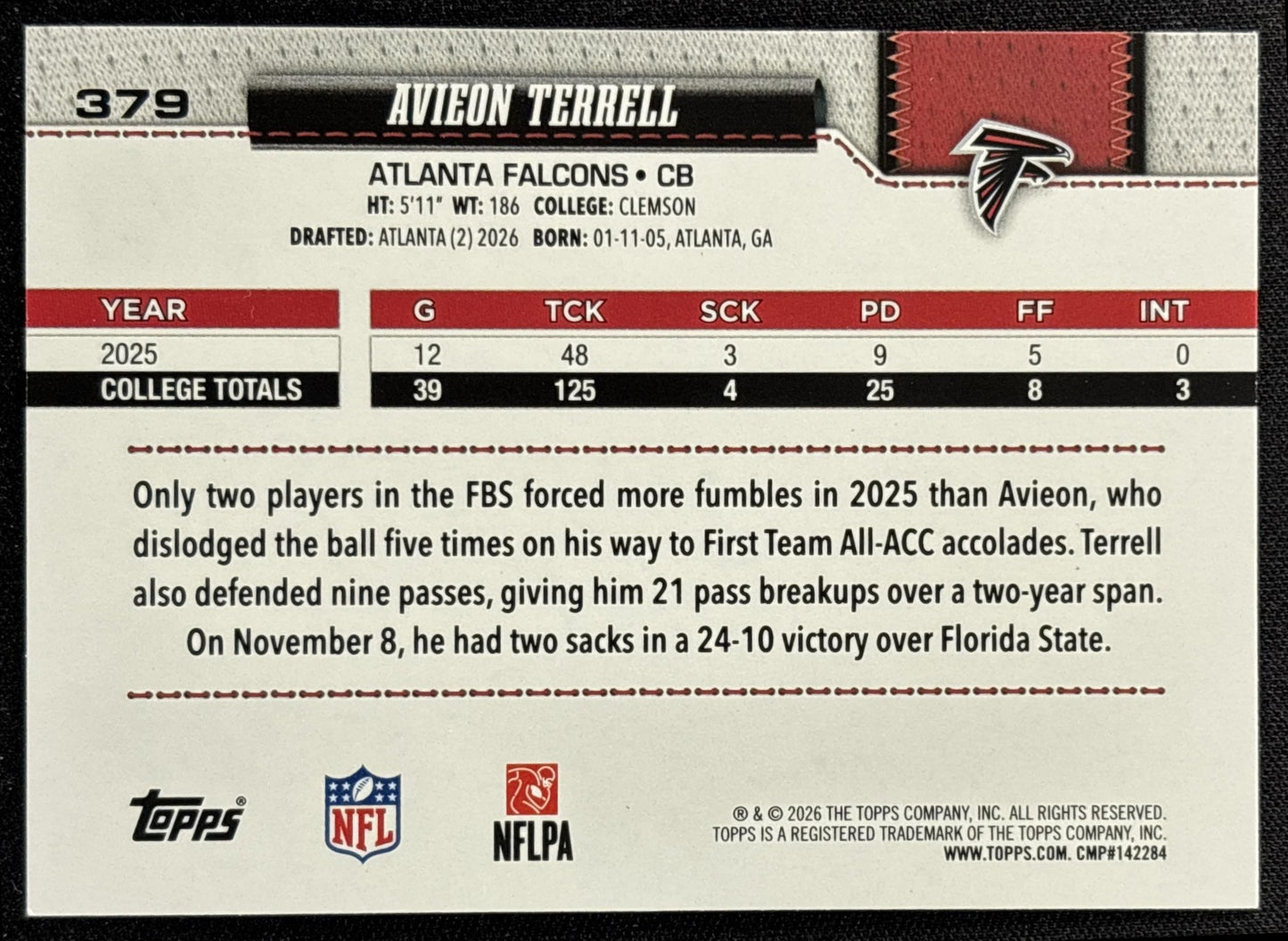 Avieon Terrell 2026 Topps Football Leather Foil Falcons