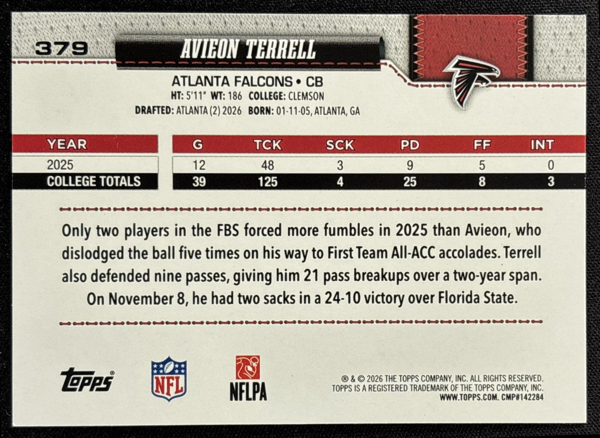 Avieon Terrell 2026 Topps Football Leather Foil Falcons