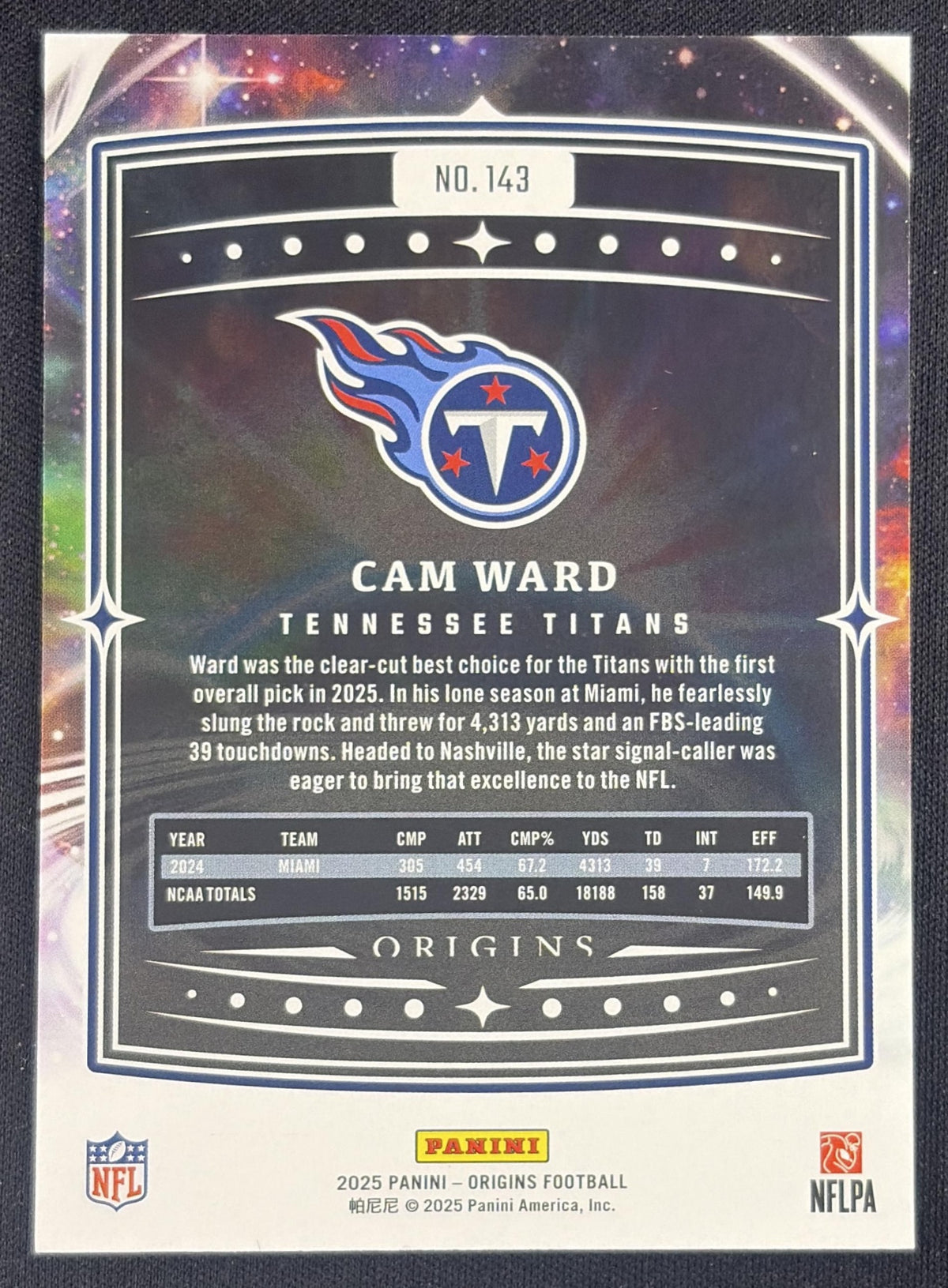 Cam Ward 2025 Panini Origins Rookie Holo Blue /199 Titans Sports Trading Card