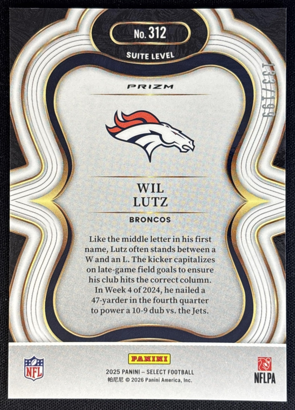 Wil Lutz 2025 Panini Select Suite Level Tri-Color Prizm /199 Broncos