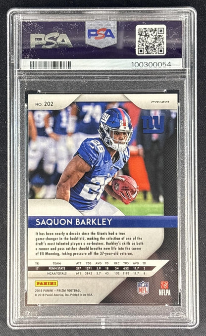 Saquon Barkley 2018 Panini Prizm Red White and Blue PSA 9 Giants back