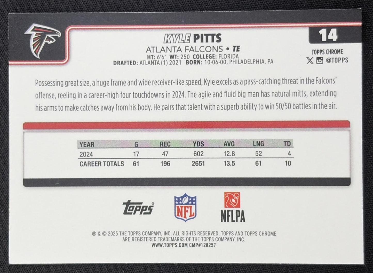 Kyle Pitts 2025 Topps Chrome Purple Refractor /75 Falcons back