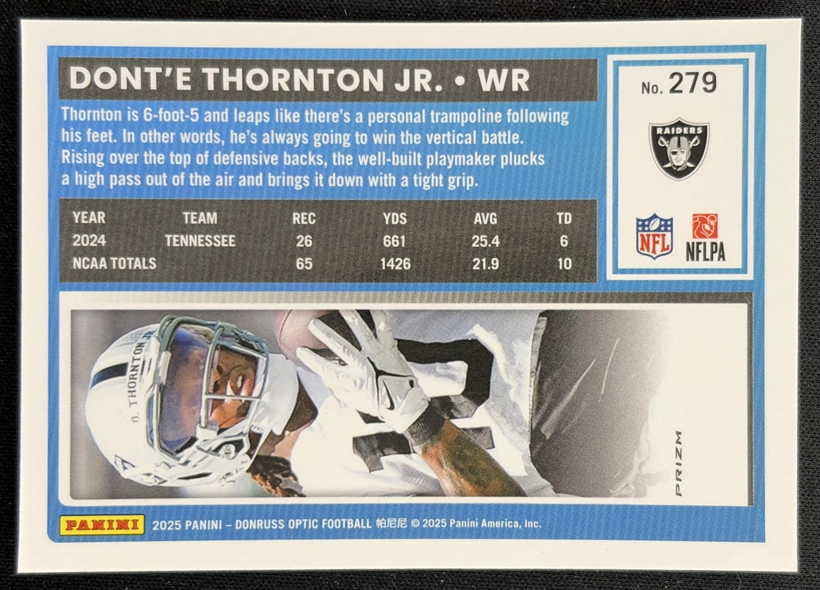 Dont'e Thornton Jr. 2025 Donruss Optic Rated Rookie Blue Hyper Prizm Raiders back