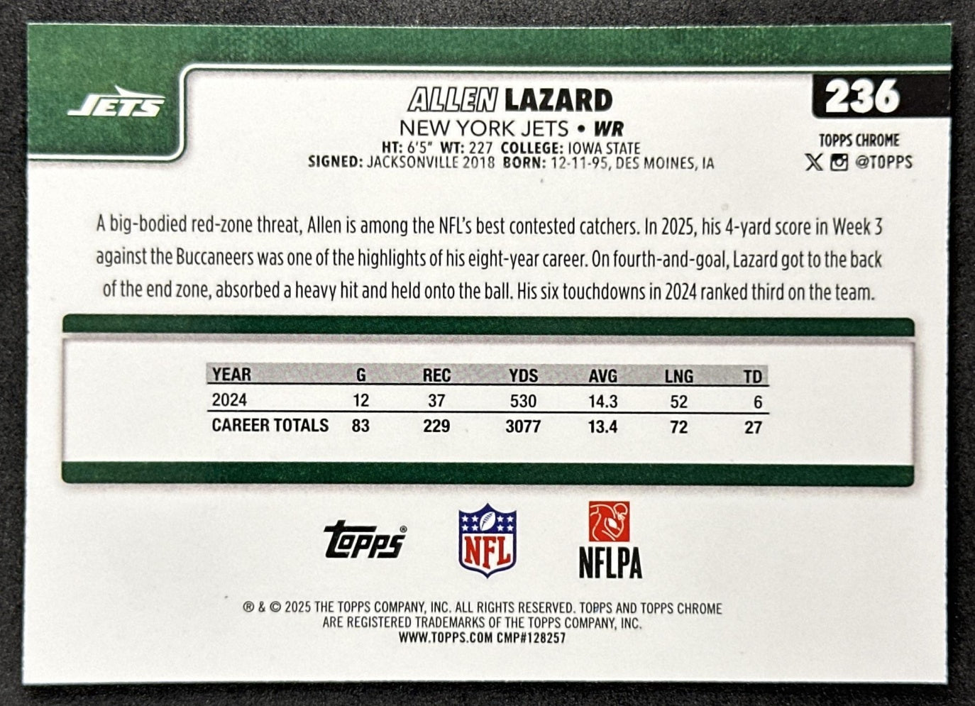 Allen Lazard 2025 Topps Chrome Sapphire Jets back