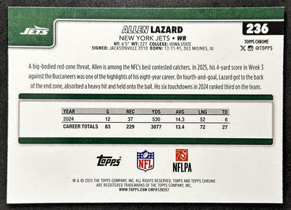 Allen Lazard 2025 Topps Chrome Sapphire Jets back