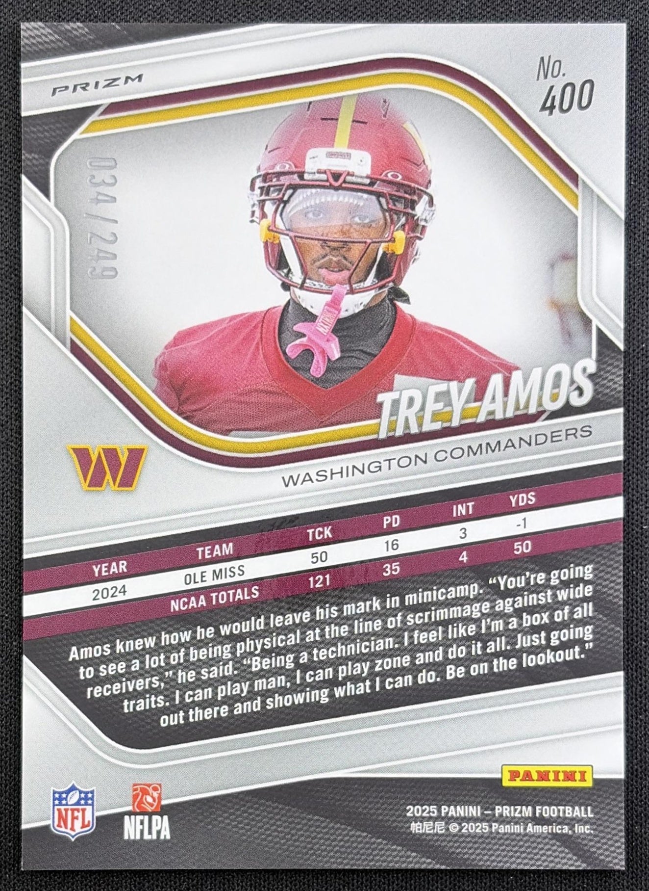 Trey Amos 2025 Panini Prizm Orange /249 Commanders Washington Commanders