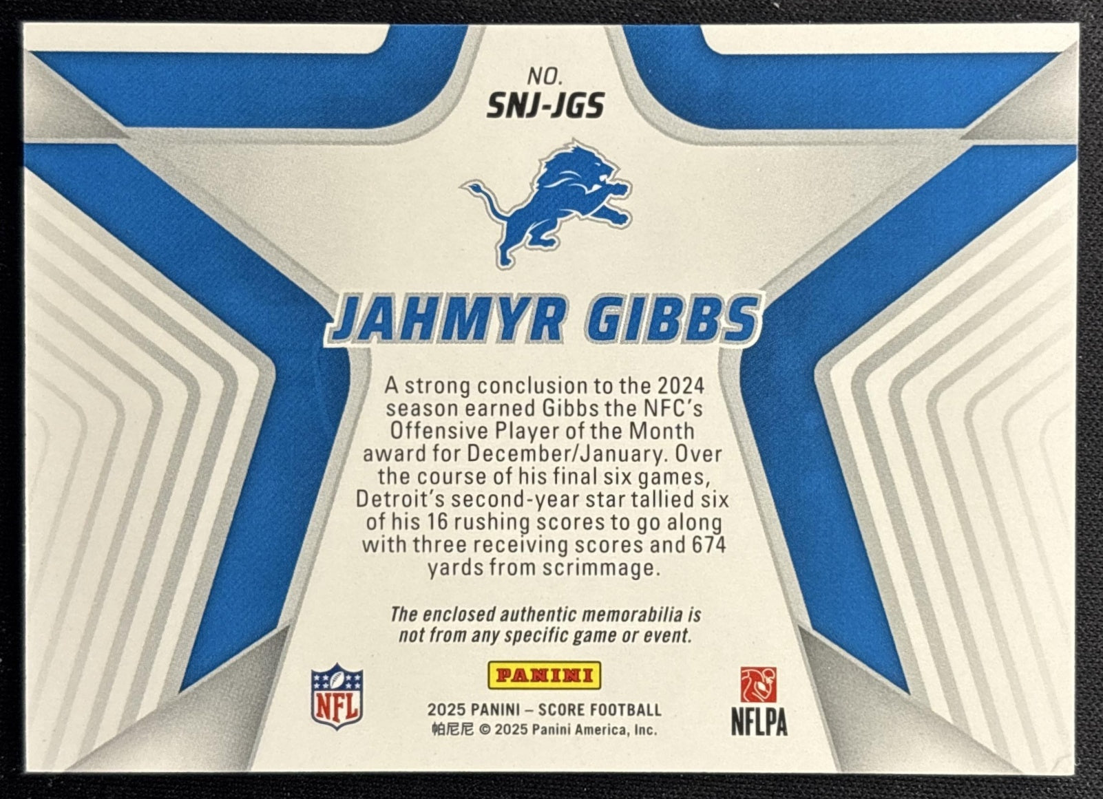 Jahmyr Gibbs 2025 Panini Score Stars of the NFL Jersey Lions Sports Trading Cards