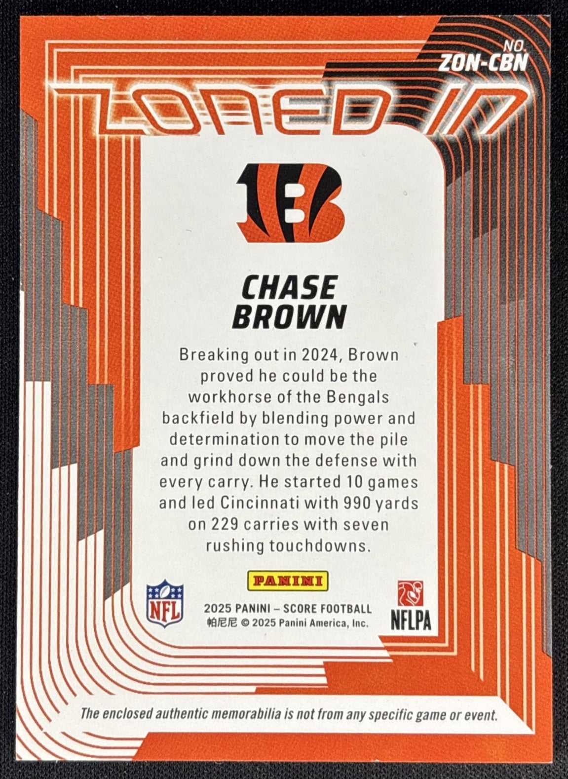 Chase Brown 2025 Panini Score Zoned In Jerseys Bengals Sports Trading Cards