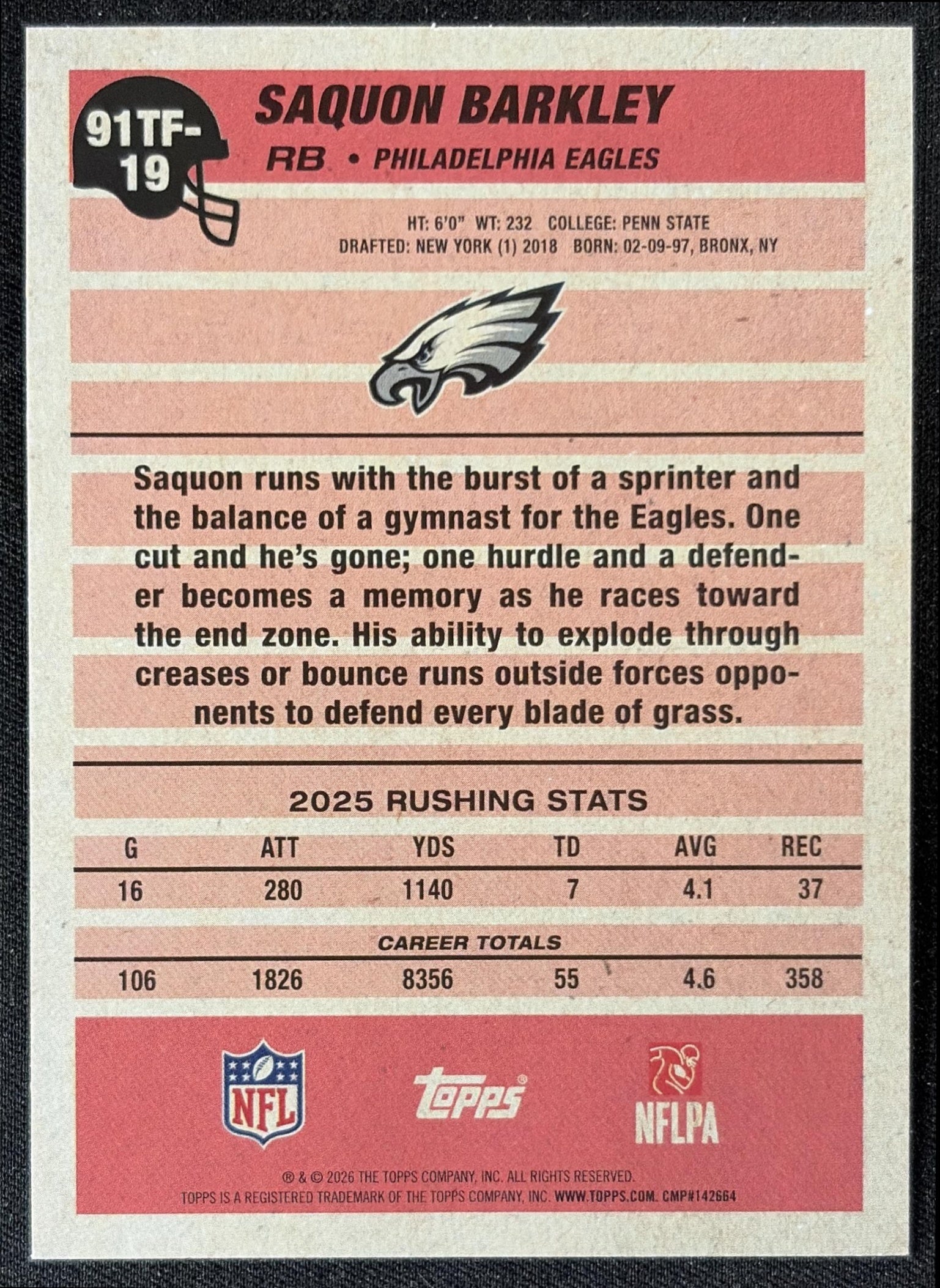 Saquon Barkley 2026 Topps 1991 Crackle Foil Eagles back