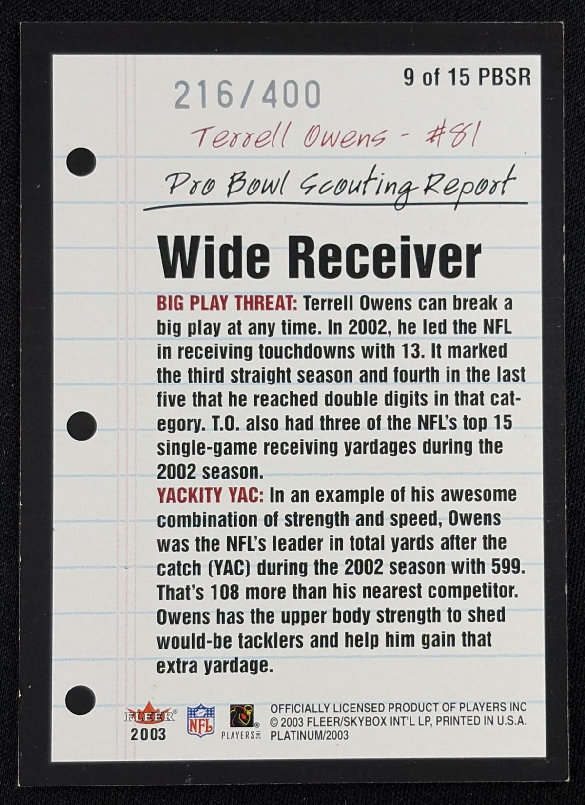 Terrell Owens 2003 Fleer Platinum Pro Bowl Scouting Report /400 49ers San Francisco 49ers Back