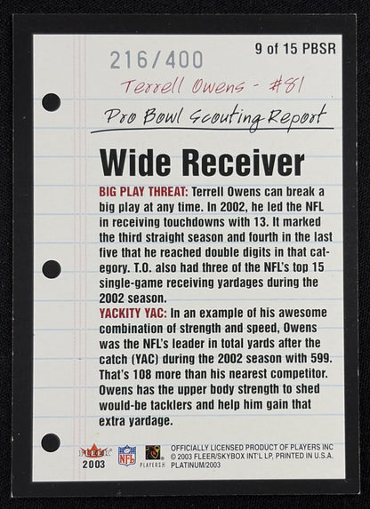 Terrell Owens 2003 Fleer Platinum Pro Bowl Scouting Report /400 49ers San Francisco 49ers Back
