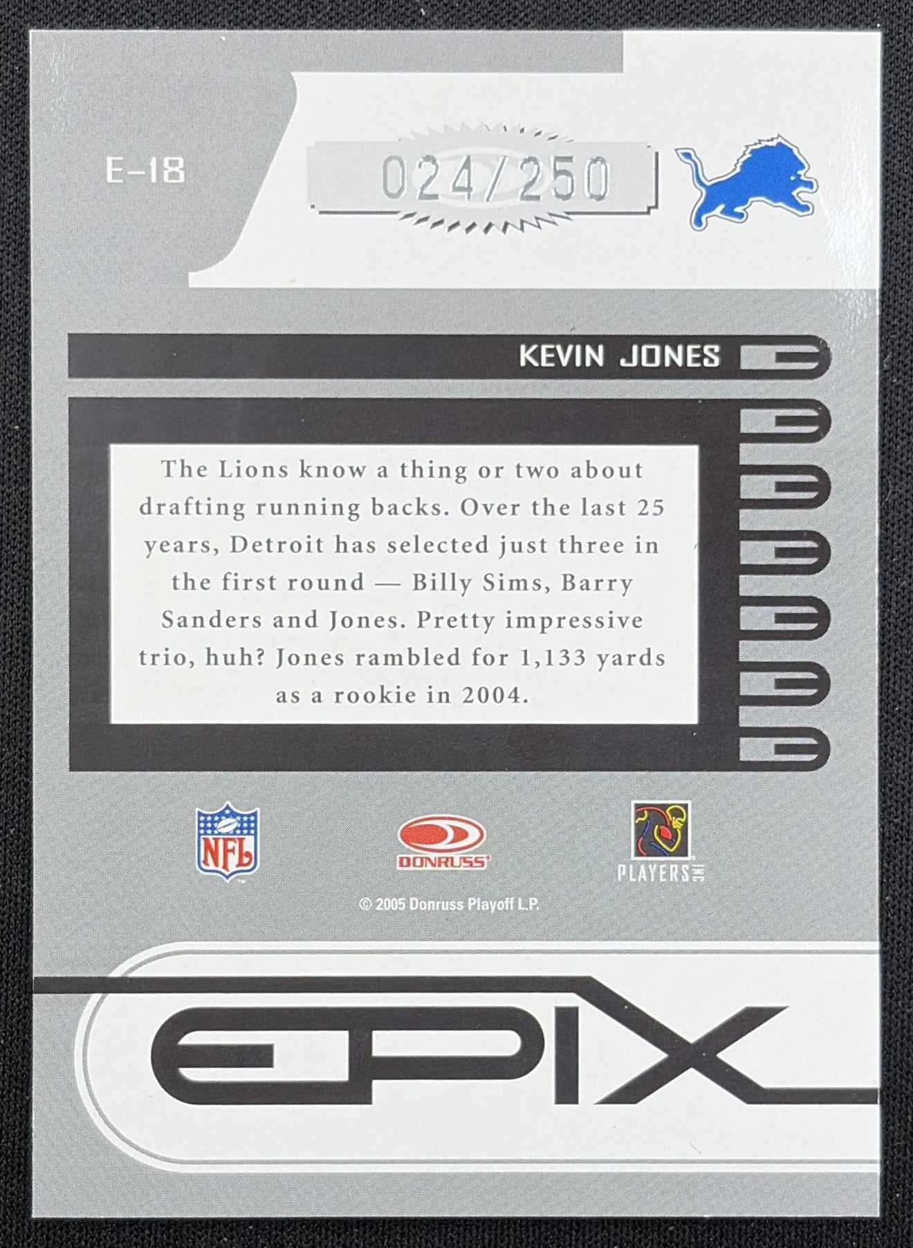 Kevin Jones 2005 Donruss Zenith Epix Red 1st Prospect Down /250 Lions