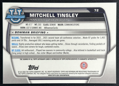 Mitchell Tinsley 2022 Bowman University Chrome Prospect Auto Nittany Lions Back