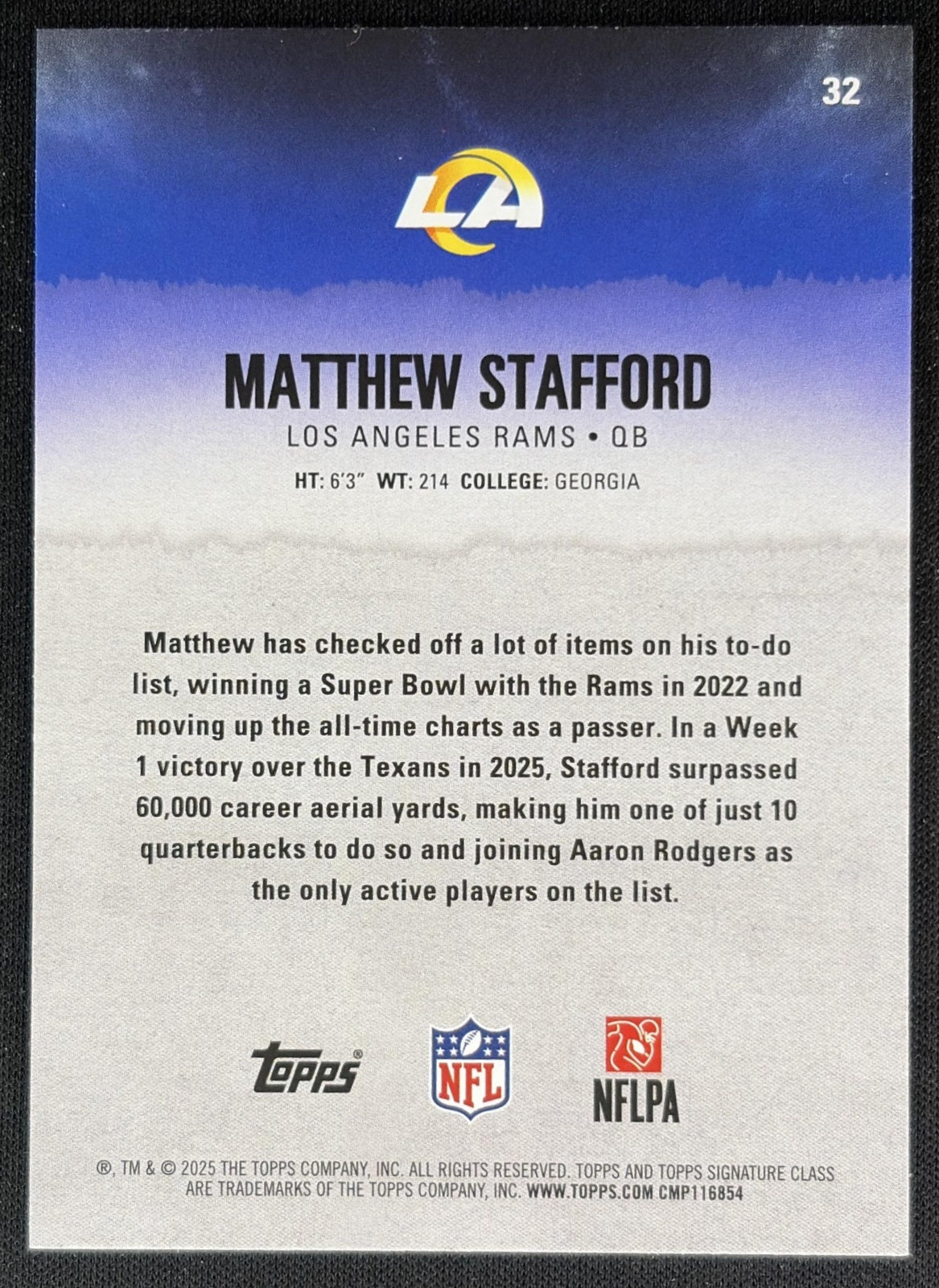 Matthew Stafford 2025 Topps Signature Class Veteran Green & Purple Foil Rams back