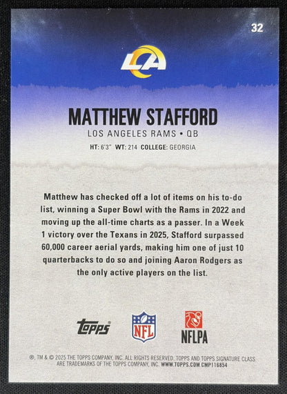 Matthew Stafford 2025 Topps Signature Class Veteran Green & Purple Foil Rams back