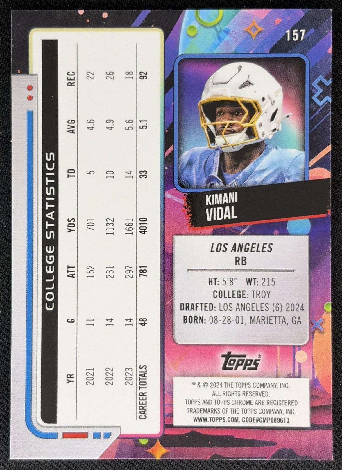Kimani Vidal 2024 Topps Cosmic Chrome Purple Nebula Refractor /150 Chargers back