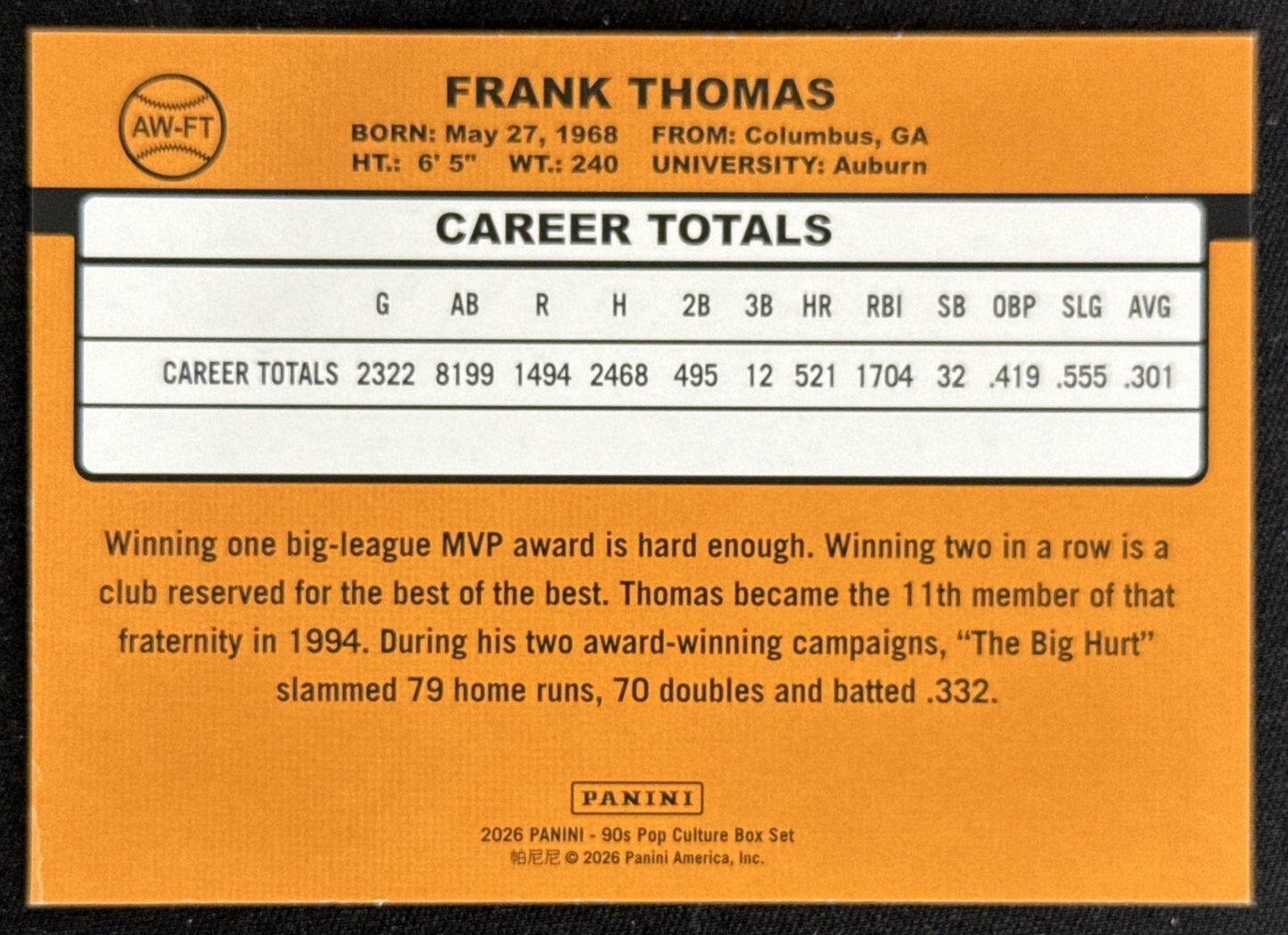 Frank Thomas 2026 Panini 90s Pop Culture Award Winners Sports Trading Card